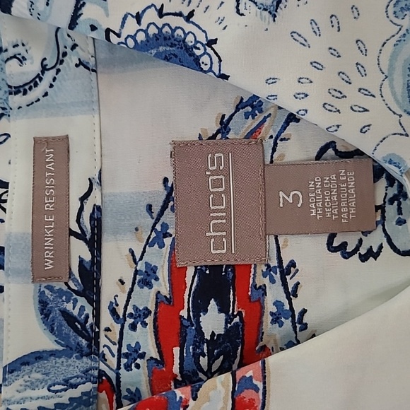 Chico's White with Blue Stripes & Colorful Paisley Print Button-up Top size 3 - Picture 3 of 8